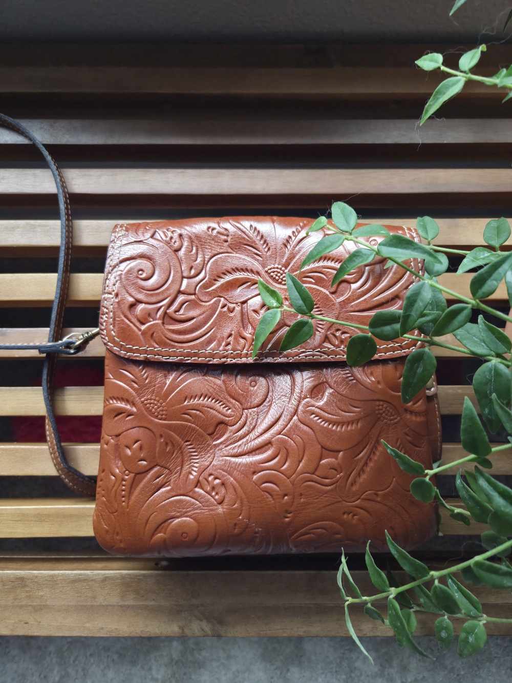 Patricia Nash Floral Embossed Leather Crossbody in Cognac